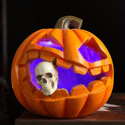 Carved Jack O Lantern Ornament with Skull Insert and Resin Construction