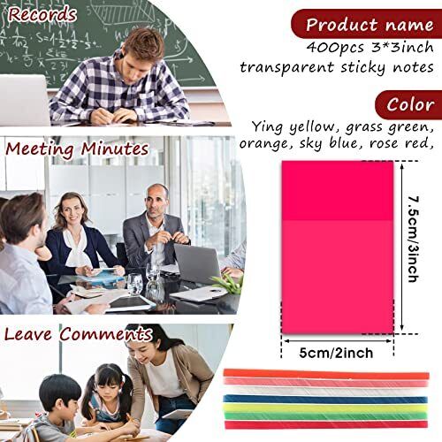 Clear Sticky Notes for Study and Work, 3x2 Inches, 400 Sheets, 7 Colors