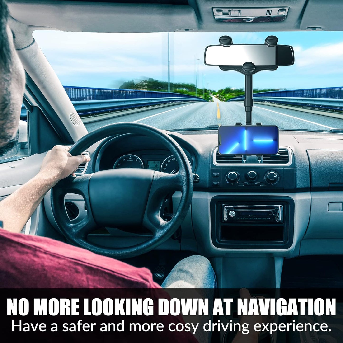 Phone Holder with 360 Degree Rotation and Four Jaw Grip for Rearview Mirror