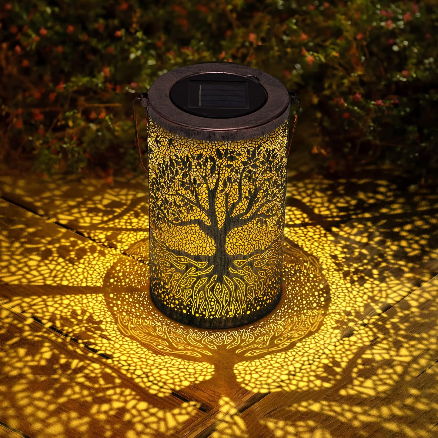 Wrought Iron Tree Solar Lamp, Outdoor Courtyard Hanging Light with Hollow Decorative Design for Garden and Patio Decor