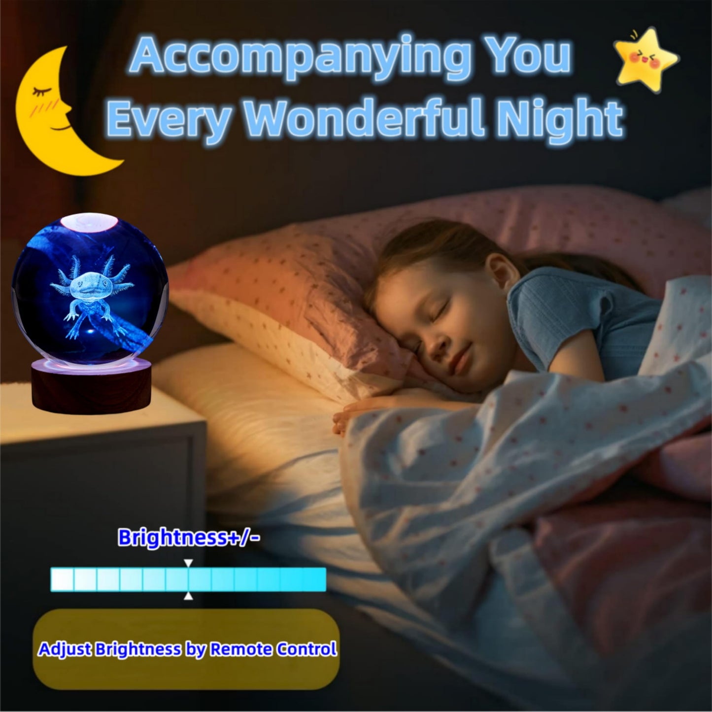 3D Crystal Night Light with Axolotl Engraving and Wooden LED Base, Remote Color Control