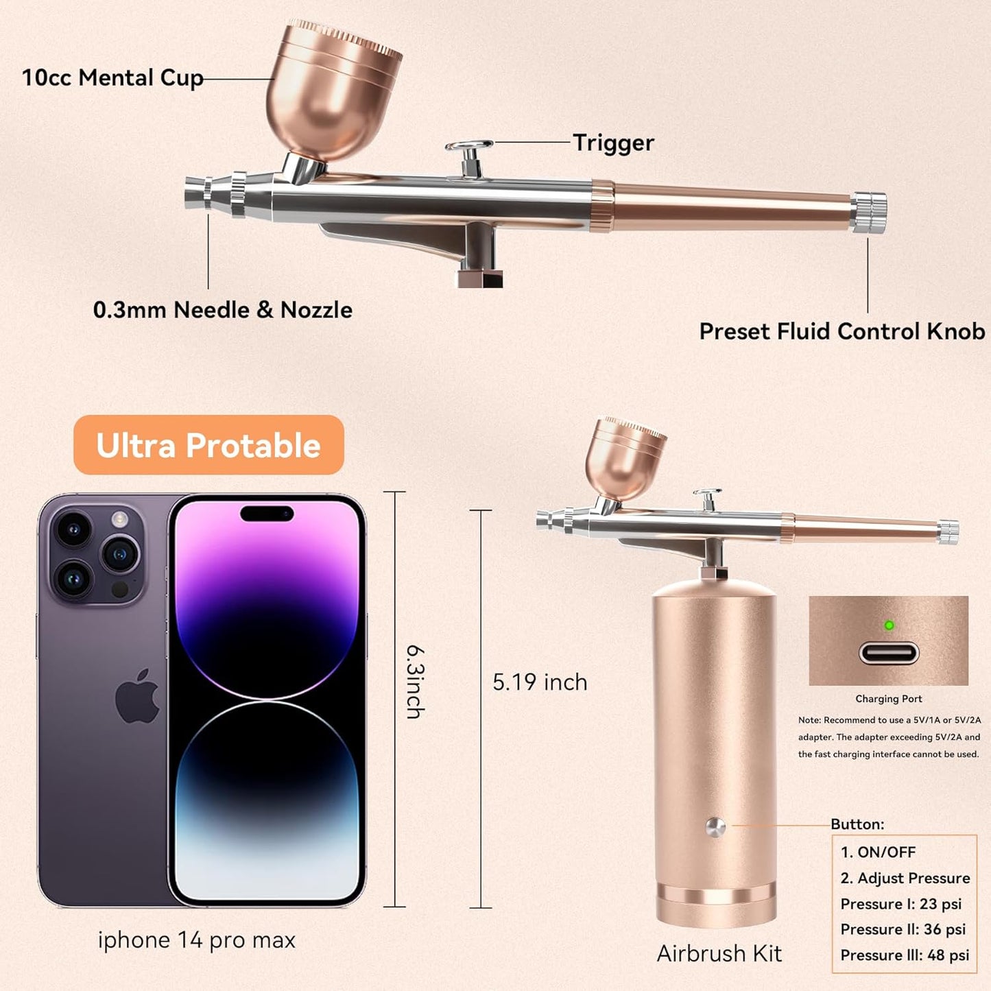 Battery-Powered Airbrush with 0.3mm Precision Nozzle and Three Pressure Settings