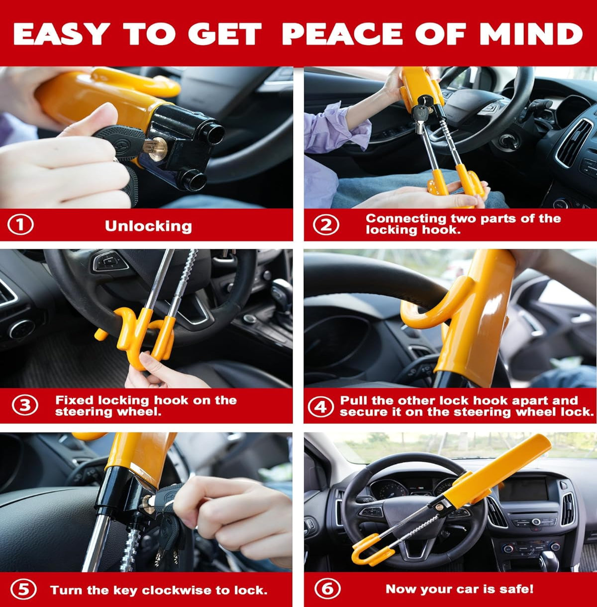 Anti-Theft Steering Wheel Lock with Four-Hook System and Double Row Cylinder