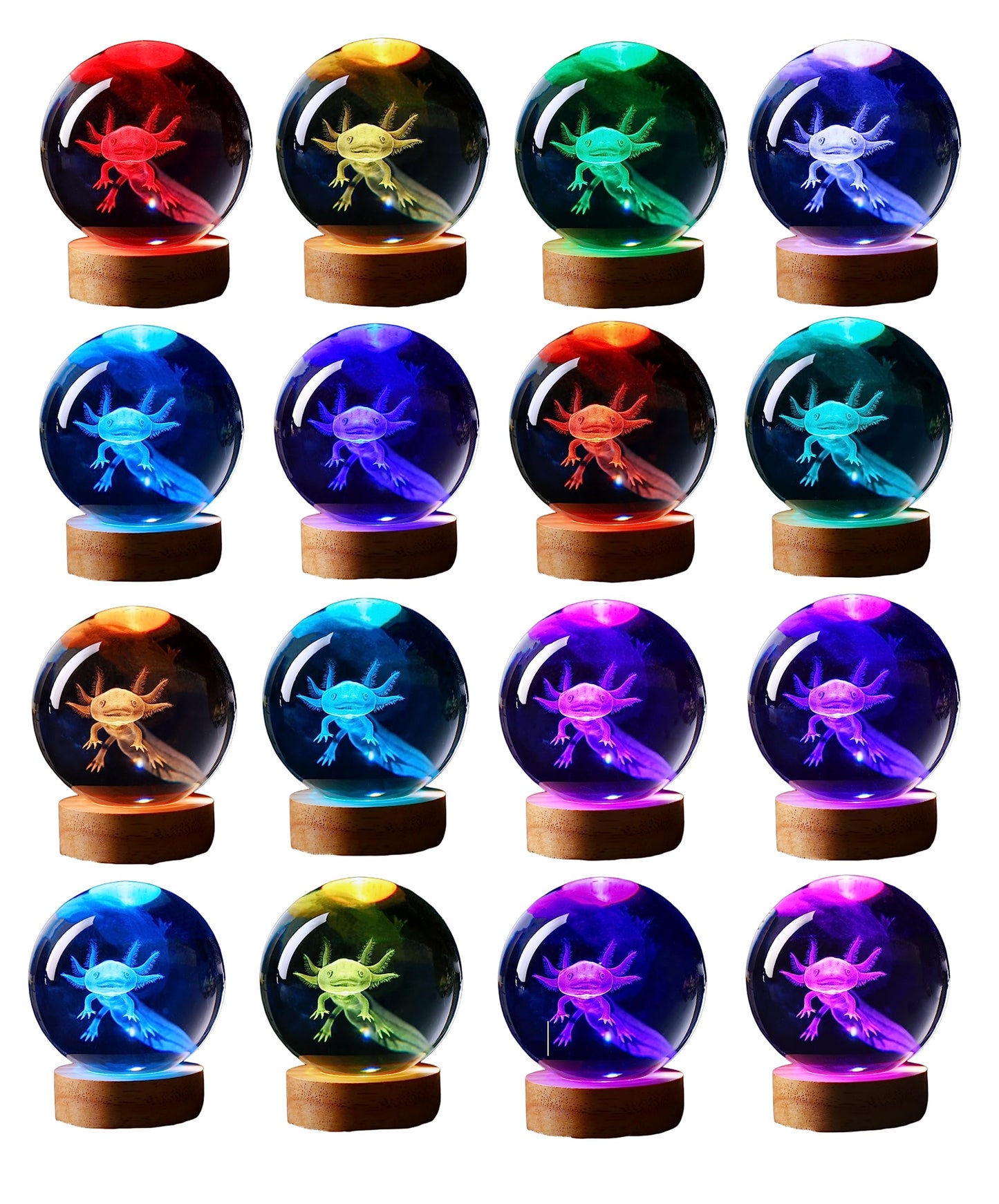 Axolotl Crystal Night Light with 3D Engraved Sphere and Wooden LED Base, Remote