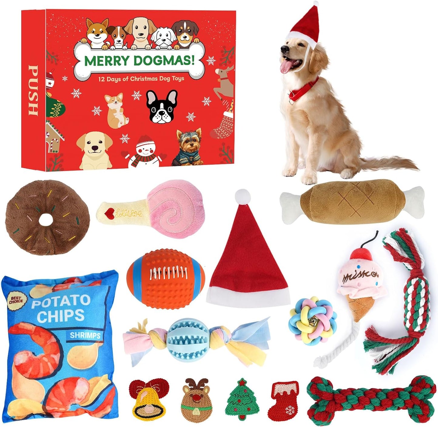 Dog Advent Calendar with 12 Interactive Toys and Squeaky Balls, Ropes for Small to Large Dogs