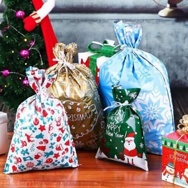 Christmas Gift Bags with Integrated Drawstring and Assorted Holiday Designs, 15 Sets
