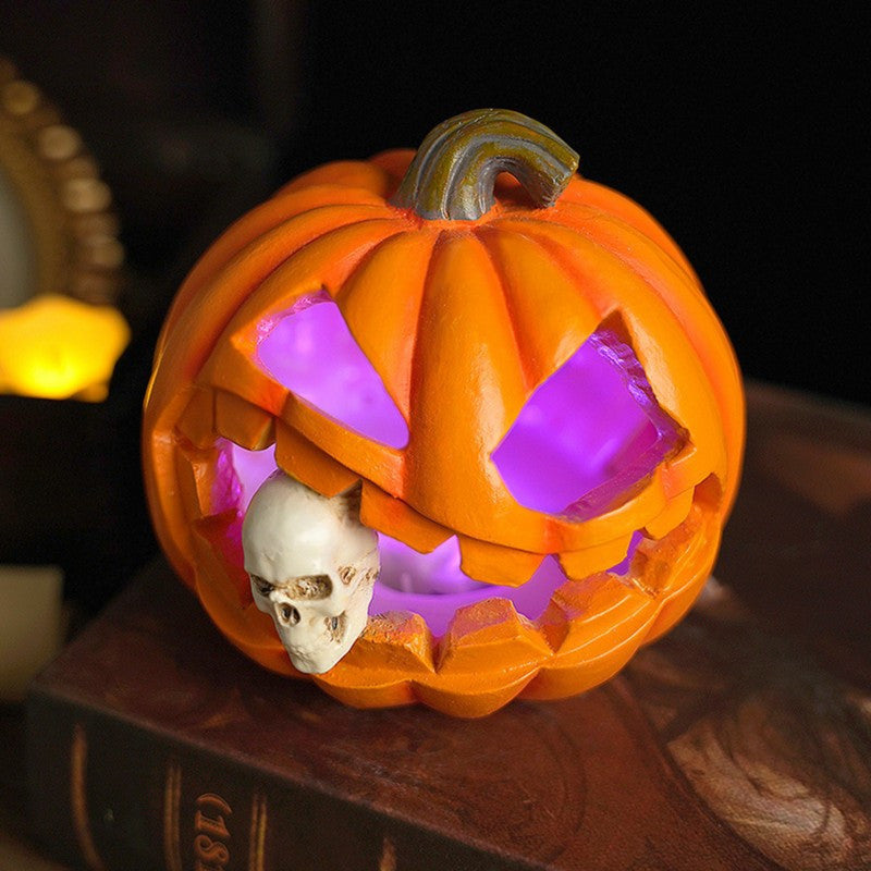 Carved Jack O Lantern Ornament with Skull Insert and Resin Construction