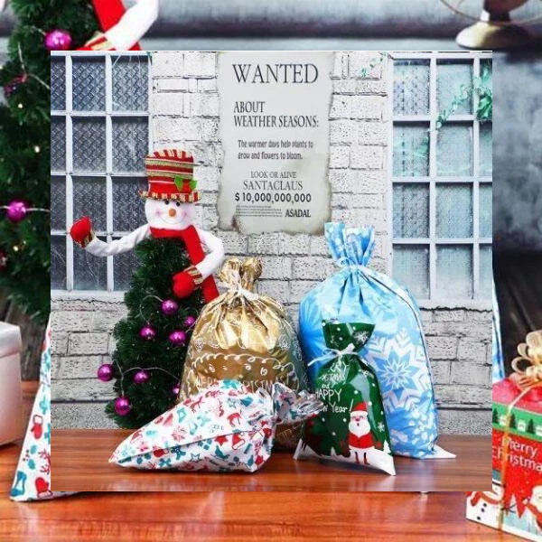 Christmas Gift Bags with Integrated Drawstring and Assorted Holiday Designs, 15 Sets
