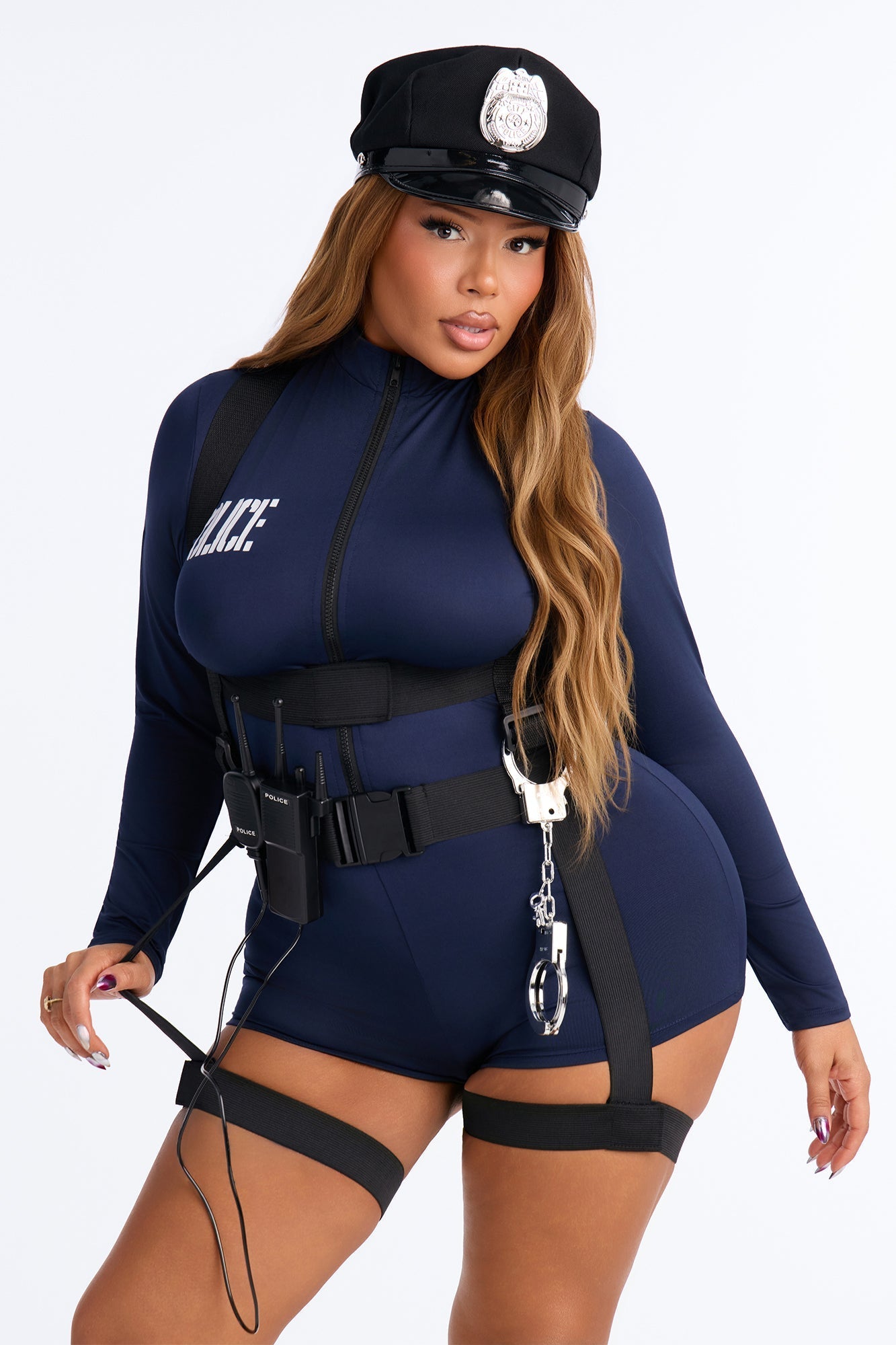 Police Officer Costume Set with Zip Romper, Body Harness, Handcuffs, and Hat