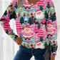 Womens Pullover Sweater with Multicolor Christmas Pattern and Scalloped Hem Detail