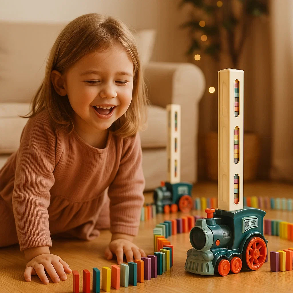 Automatic Domino Placement Train with Motorized Chain Reaction and Colorful Pieces