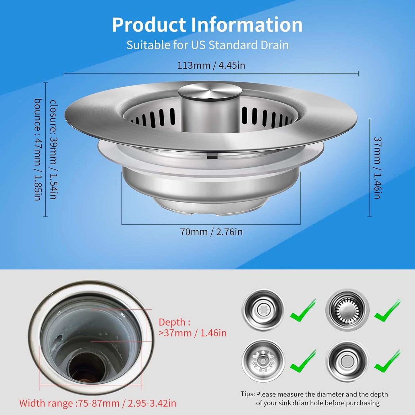 Push Button Sink Drain Strainer with Steel Basket and Silicone Seal