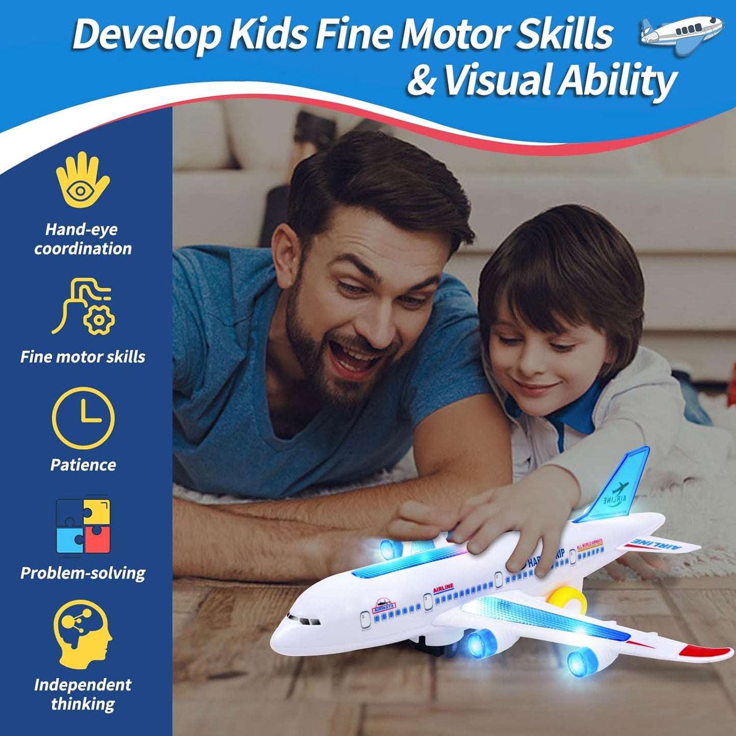 Motorized Airplane Toy with Obstacle Detection and LED Lights, Sound Effects