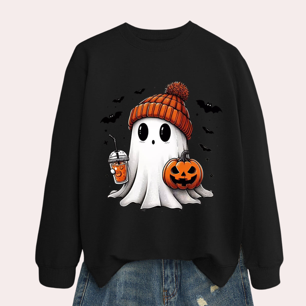 Women's Halloween Sweatshirt with Ghost and Pumpkin Print