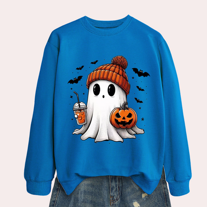 Women's Halloween Sweatshirt with Ghost and Pumpkin Print