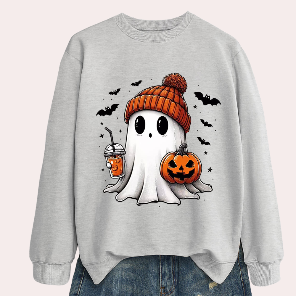 Women's Halloween Sweatshirt with Ghost and Pumpkin Print