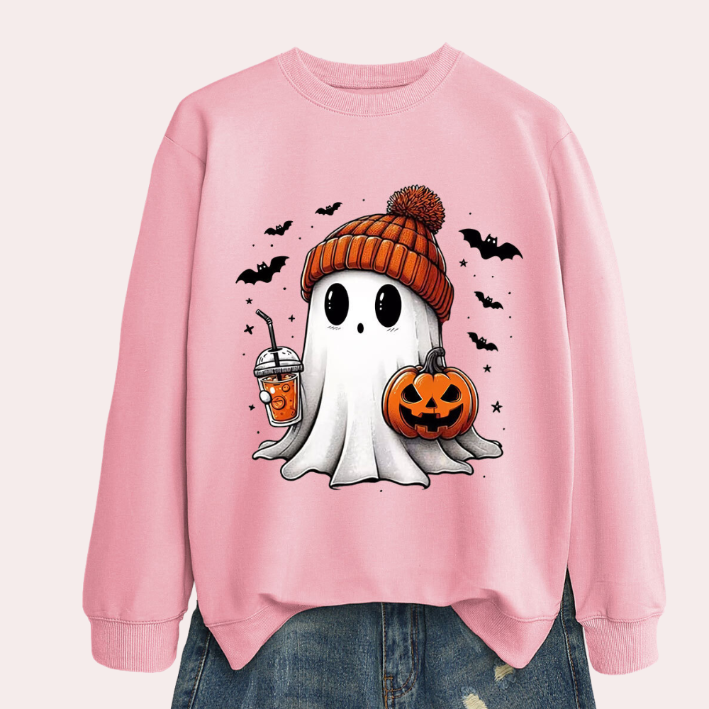 Women's Halloween Sweatshirt with Ghost and Pumpkin Print