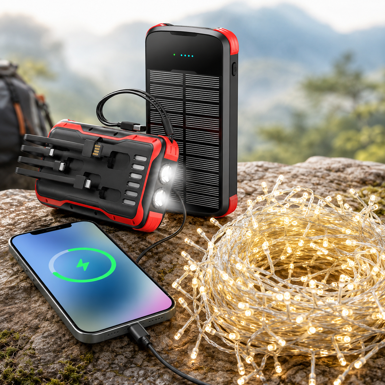 Solar Power Bank with Built In Multi-Tip Cables and LED Floodlight for Outdoor Charging