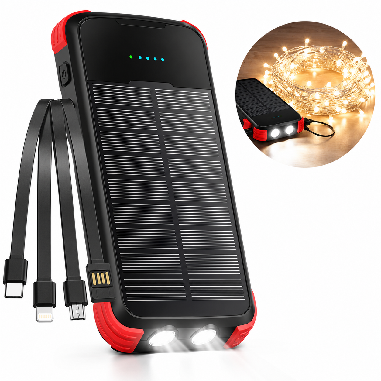 Solar Power Bank with Built In Multi-Tip Cables and LED Floodlight for Outdoor Charging