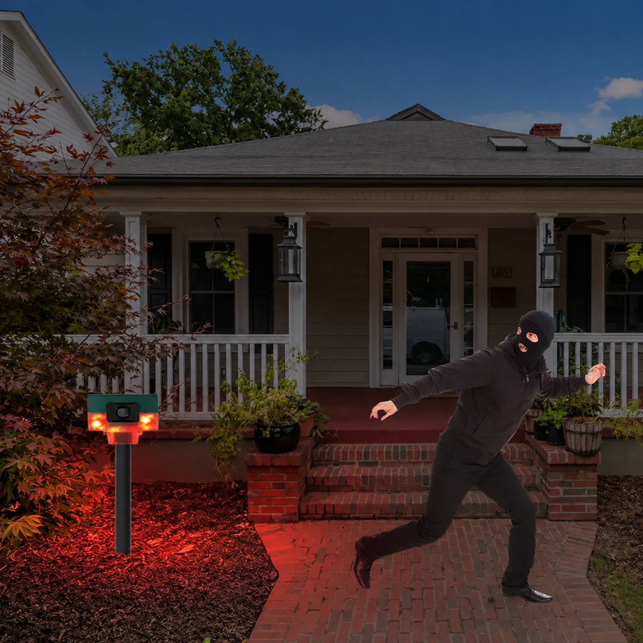 Solar Powered Wildlife Deterrent with 360 Degree Sensing, Strobe Lights and Varied Sounds