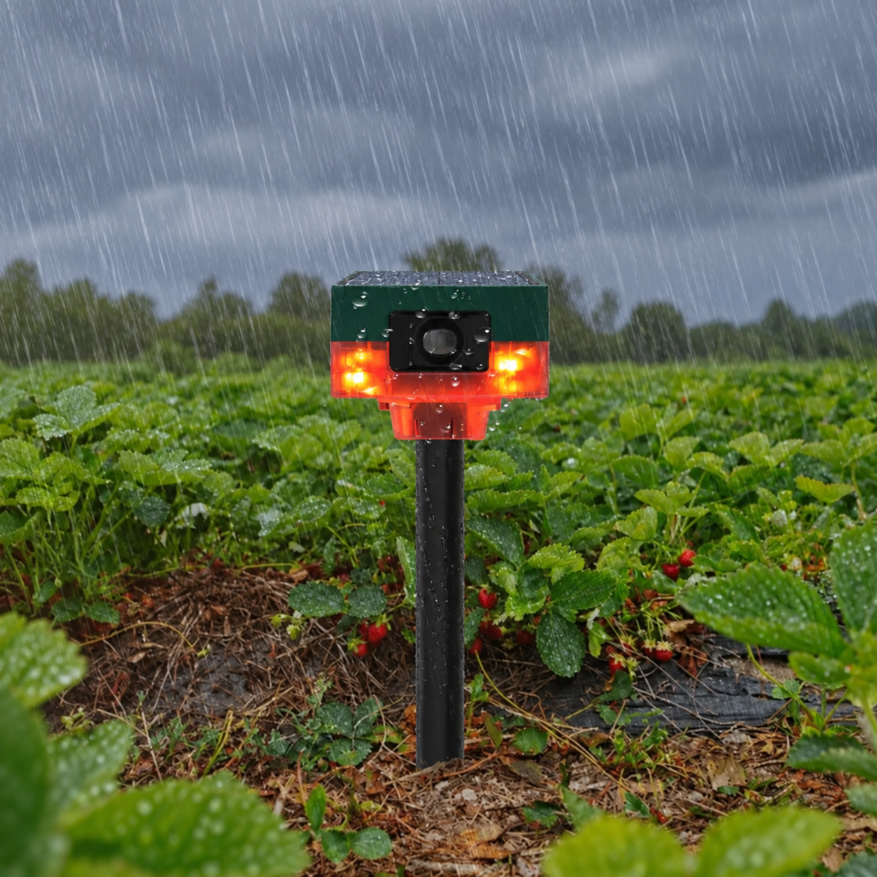 Solar Powered Wildlife Deterrent with 360 Degree Sensing, Strobe Lights and Varied Sounds