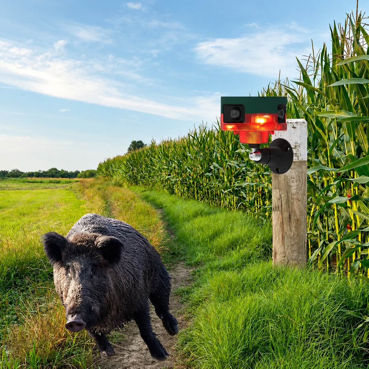Solar Powered Wildlife Deterrent with 360 Degree Sensing, Strobe Lights and Varied Sounds
