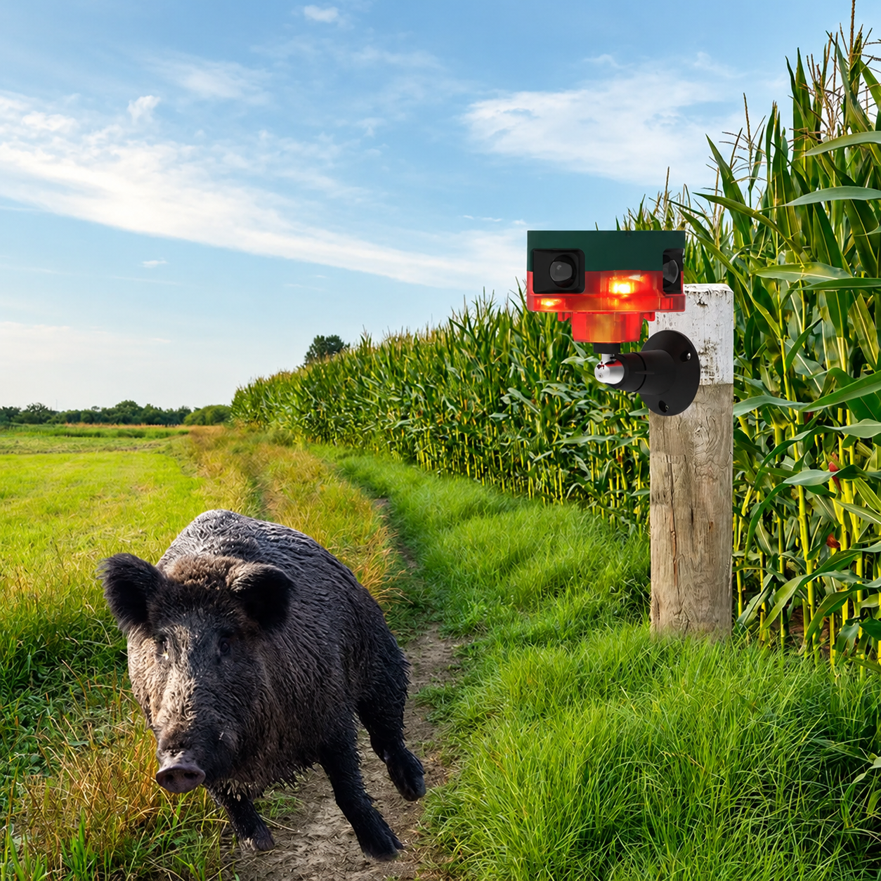 Solar Powered Wildlife Deterrent with 360 Degree Sensing, Strobe Lights and Varied Sounds