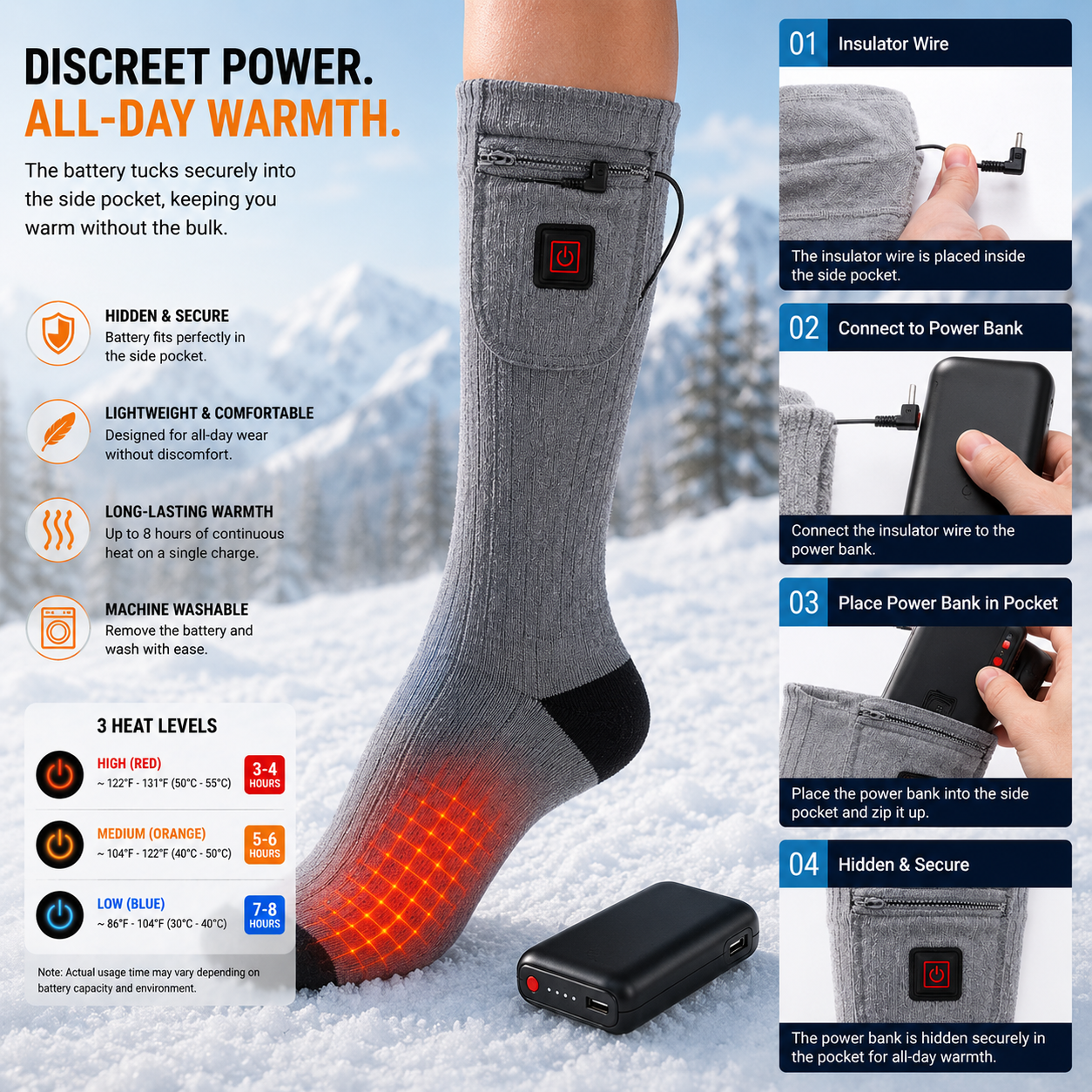 Heated Mid Calf Socks with Carbon Fiber Sole and Three Temperature Settings