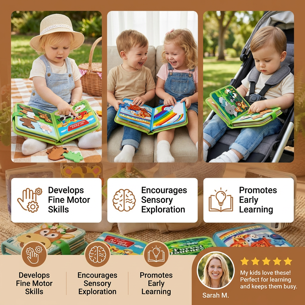 Tactile Fabric Activity Book with Interactive Elements and Movable Shapes