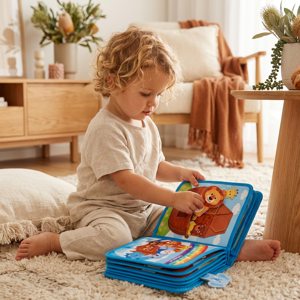 Tactile Fabric Activity Book with Interactive Elements and Movable Shapes