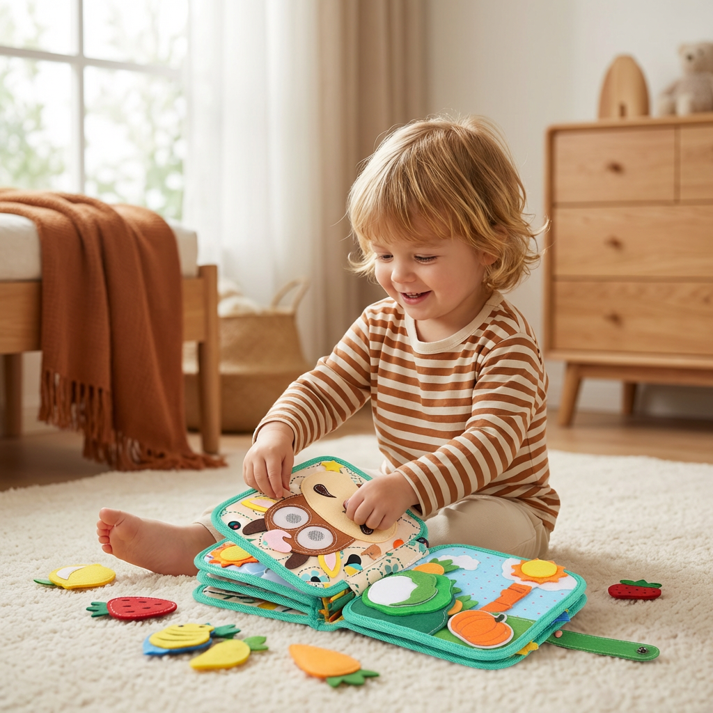Tactile Fabric Activity Book with Interactive Elements and Movable Shapes
