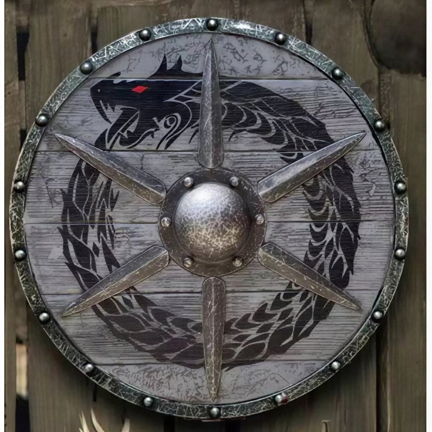 Wooden Viking Shield with Double Raven Design and Battleworn Finish, 12 Inch