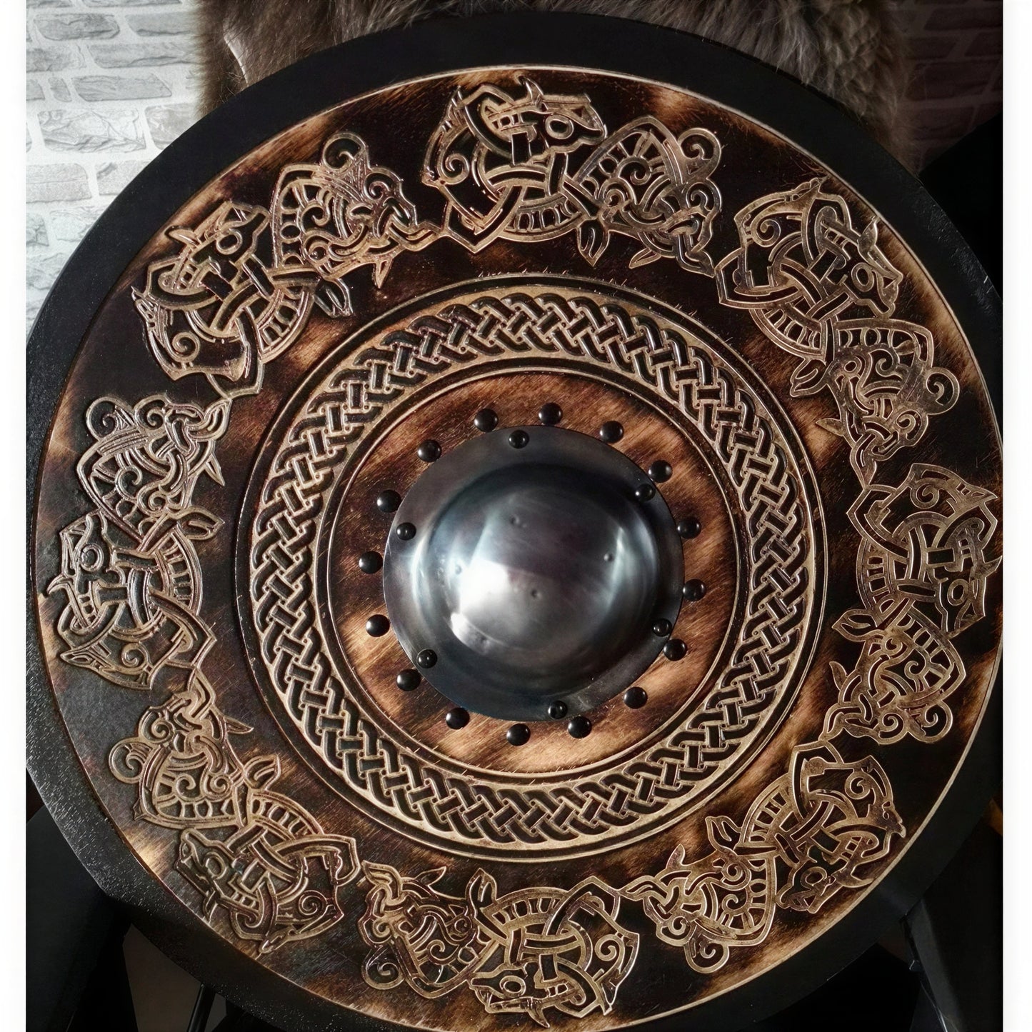 Wooden Viking Shield with Double Raven Design and Battleworn Finish, 12 Inch