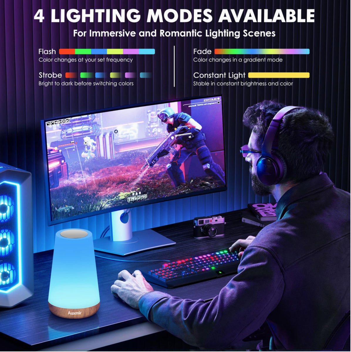 Night Light, LED Touch Bedside Table Lamp, 7 RGB Colours Changing, 5 Brightness Level Switch, Timing Function, Rechargable Remote