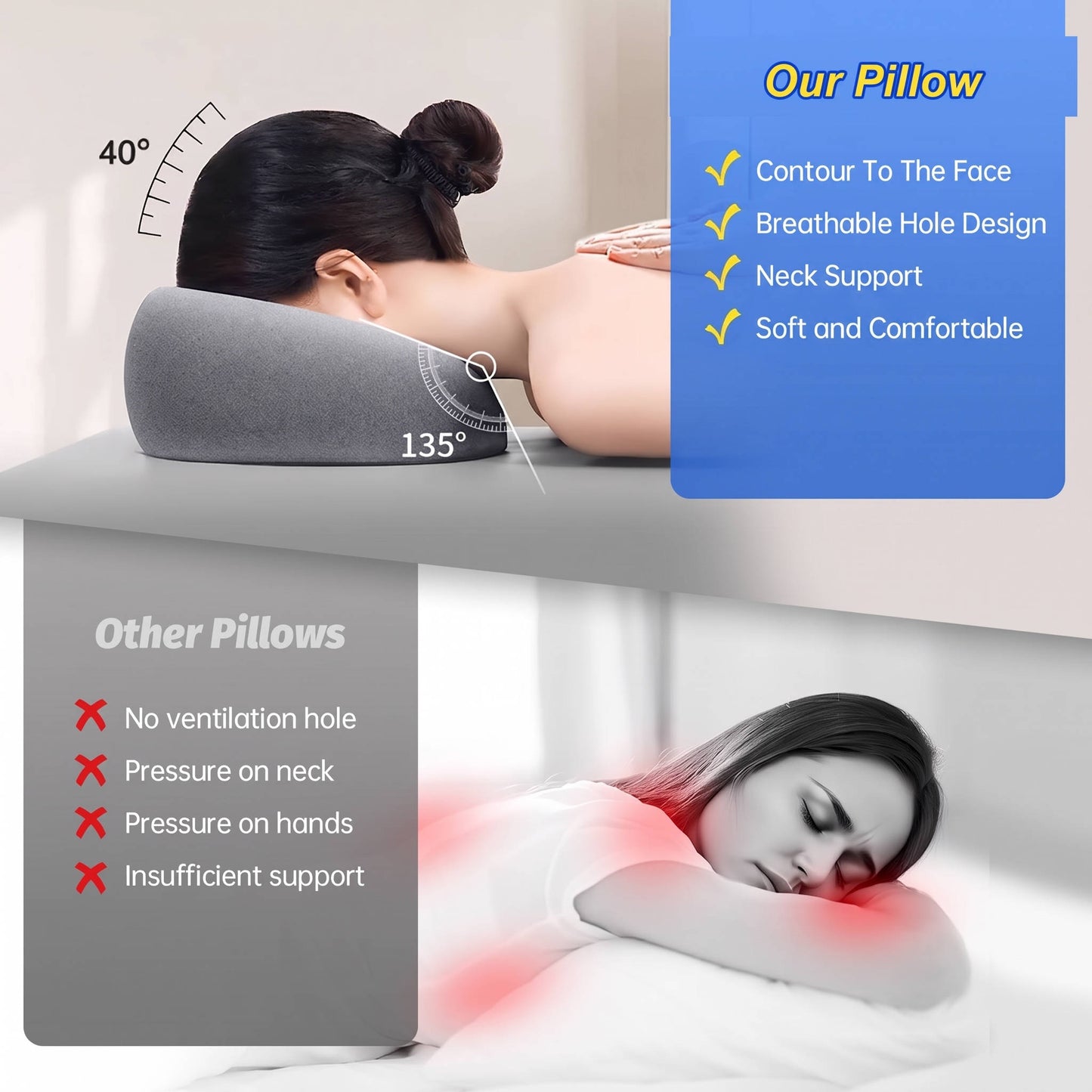 Face Down Pillow for Massage Table, Adjustable Face Pillow for Bed and Stomach Sleeping with Removable Gray Cover