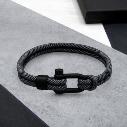Men's Nautical Double Strand Black Matt D-Shackle & Rope Bracelet