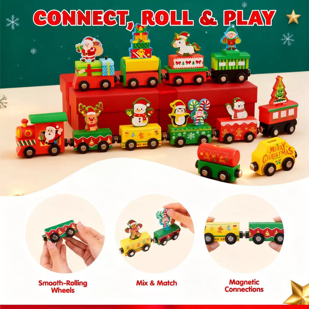 Wooden Train Advent Calendar with 12 Magnetic Cars and Friction-Powered Movement