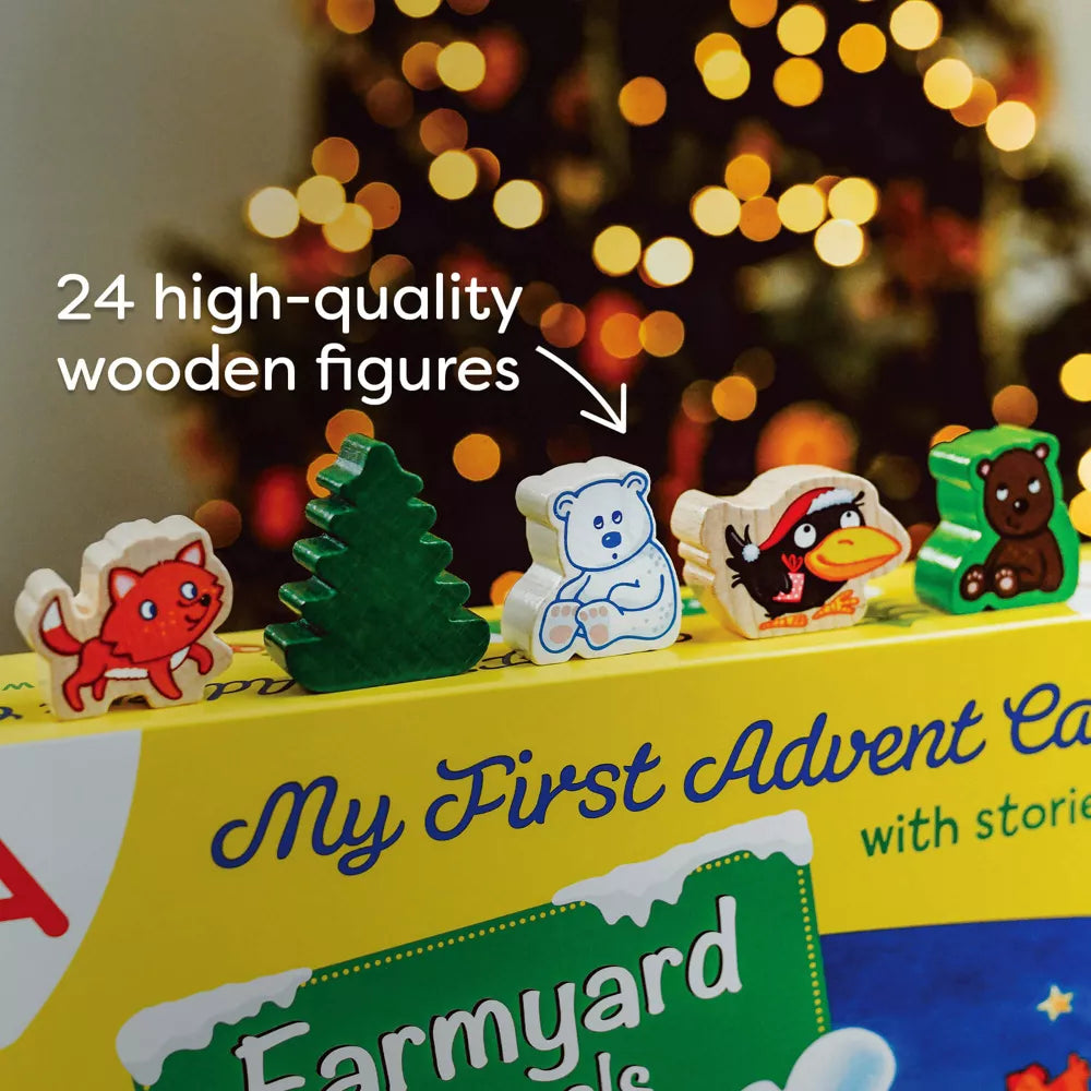 Wooden Advent Calendar with 24 Farmyard Animals and Story Book for Toddlers