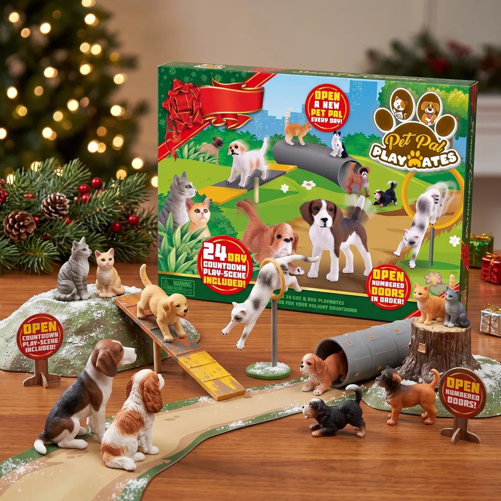 Pet Advent Calendar with 24 Dog and Cat Figurines and Interactive Play Mat