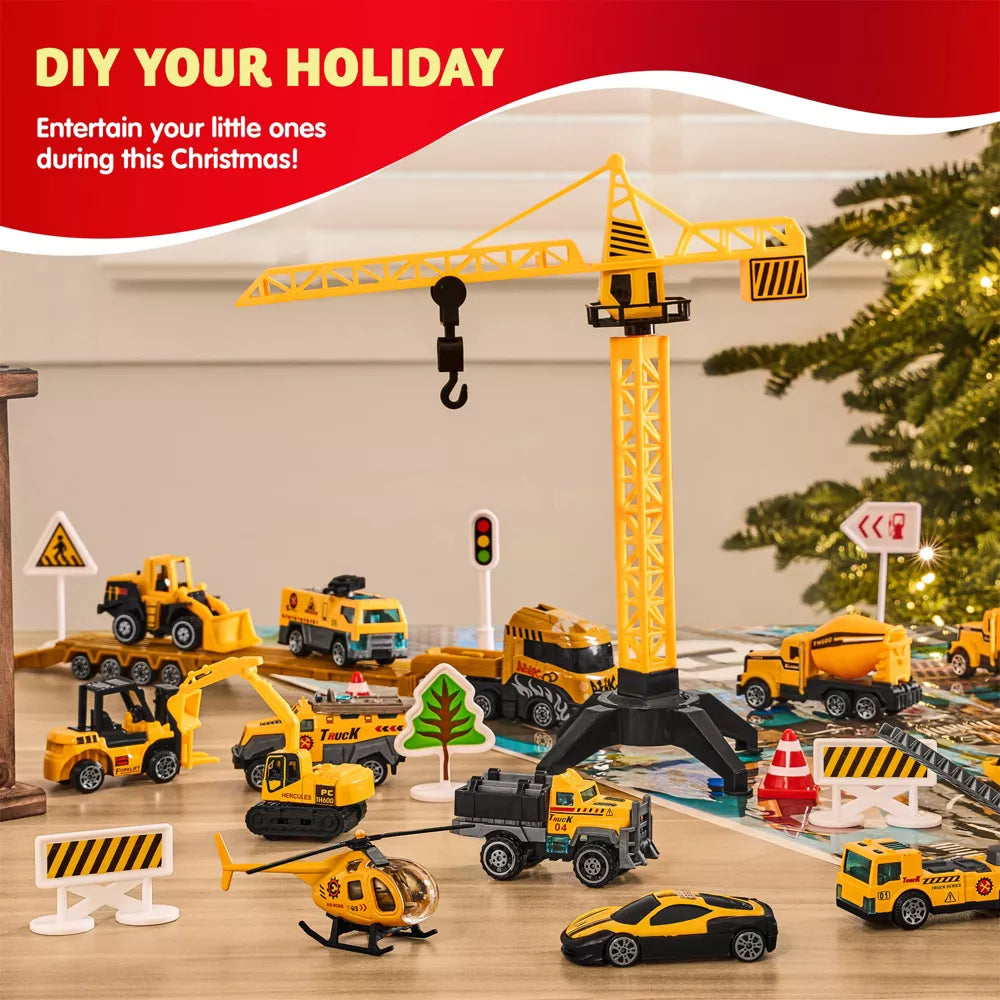 Construction Vehicle Advent Calendar with 24 Alloy Pieces and Foldable City Play Mat for Ages 3 Plus