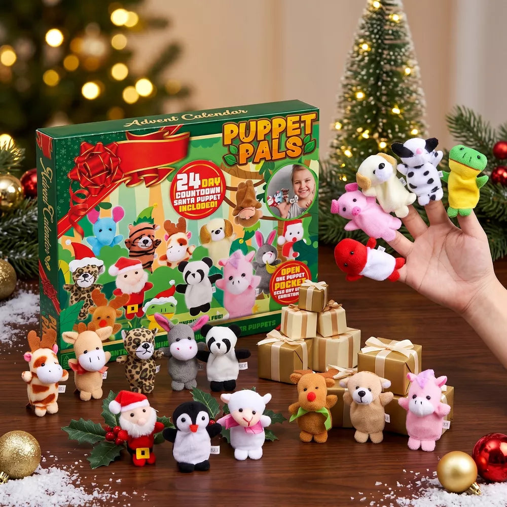 Plush Finger Puppet Advent Calendar with 24 Animal Characters and Reusable Storage Box