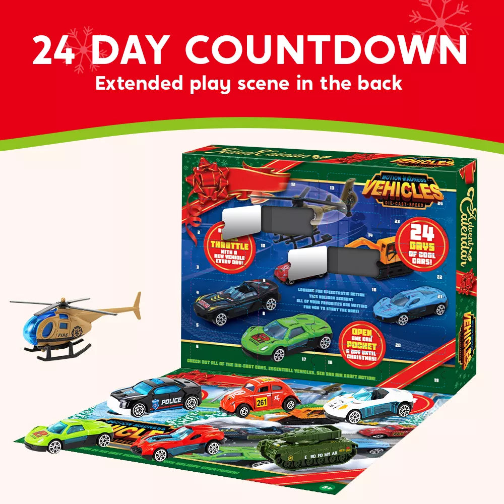 24 Diecast Cars Advent Calendar with Numbered Doors and Varied Vehicle Types