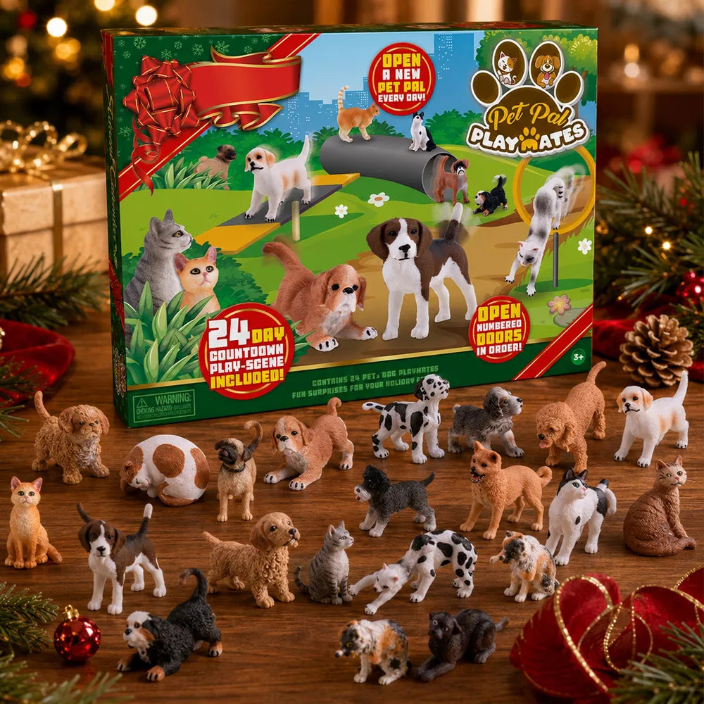 Pet Advent Calendar with 24 Dog and Cat Figurines and Interactive Play Mat