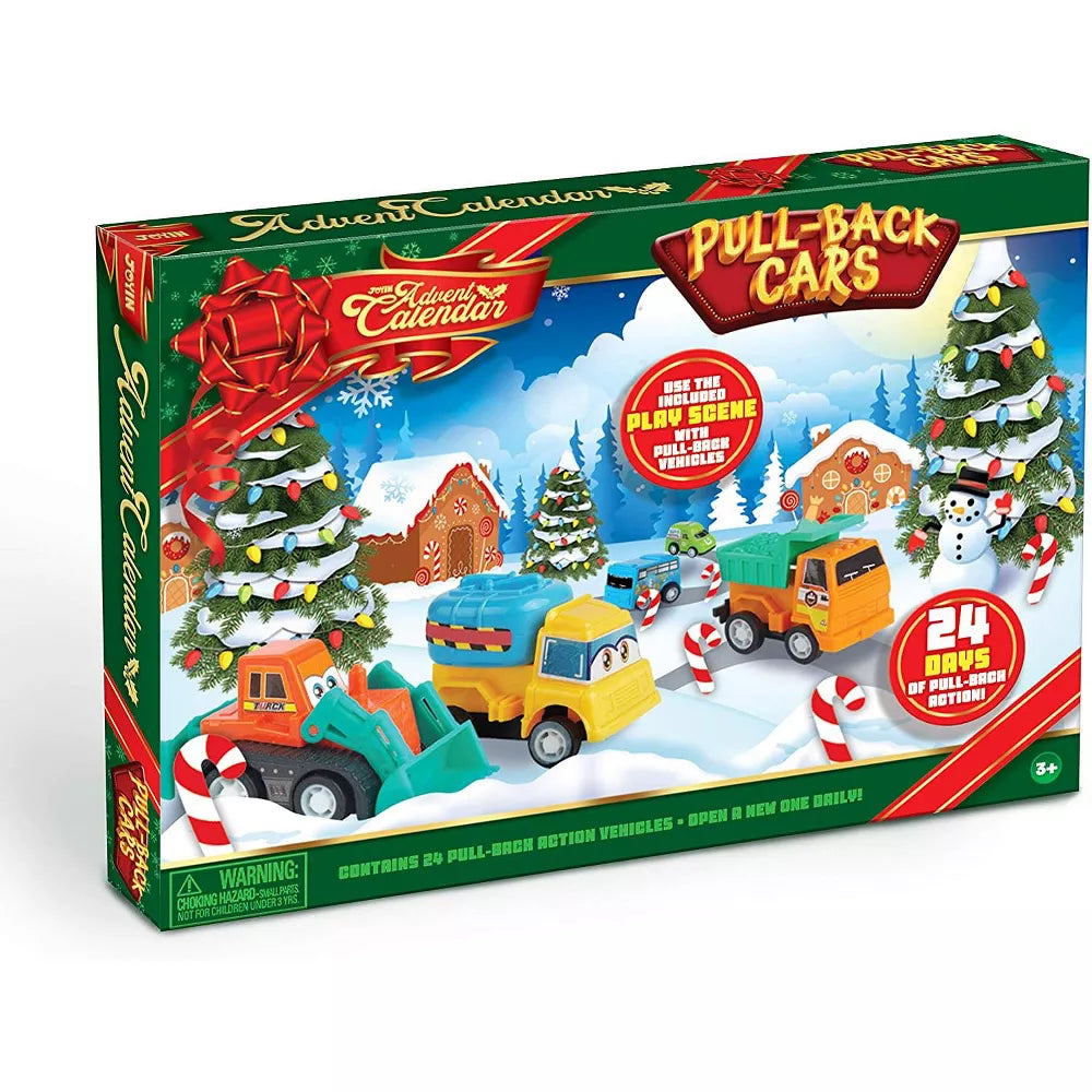 Pull Back Car Advent Calendar with 24 Toy Vehicles and Numbered Doors for Ages 3 and Above