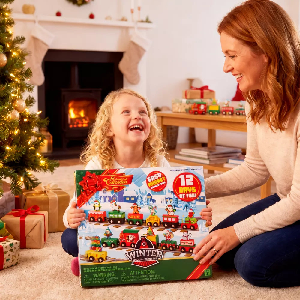 Wooden Train Advent Calendar with 12 Magnetic Cars and Friction-Powered Movement