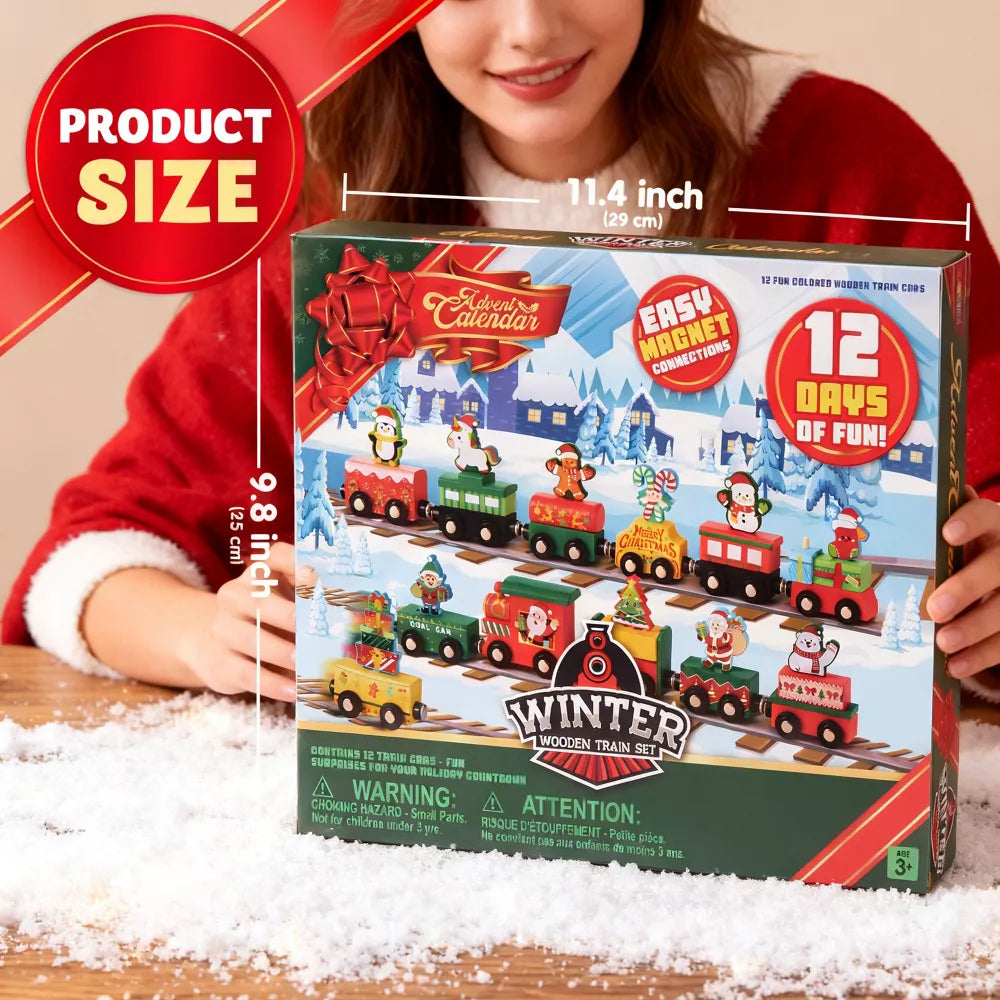 Wooden Train Advent Calendar with 12 Magnetic Cars and Friction-Powered Movement