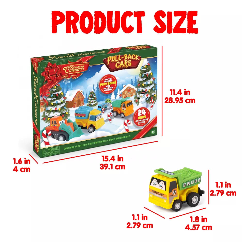 Pull Back Car Advent Calendar with 24 Toy Vehicles and Numbered Doors for Ages 3 and Above