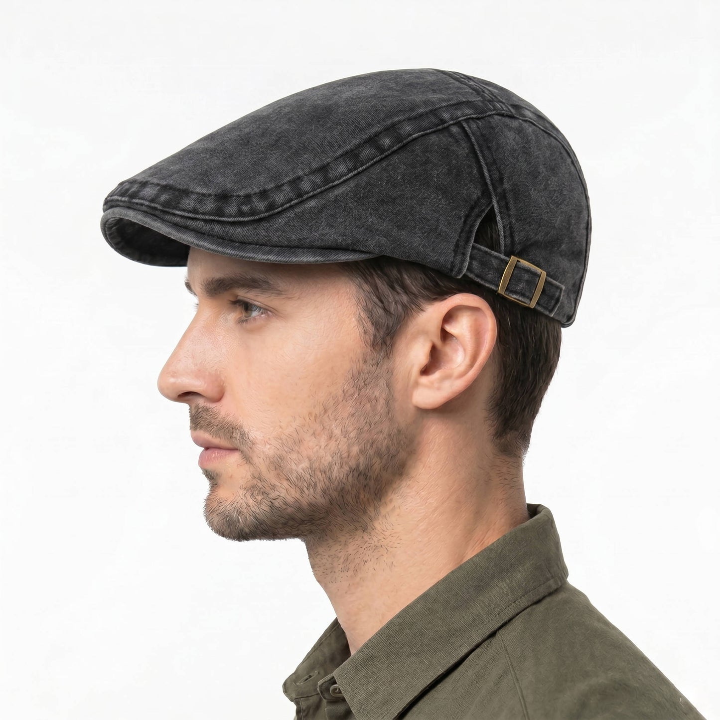 Washed Cotton Denim Newsboy Cap with Adjustable Interior Band and Eight Panel Design