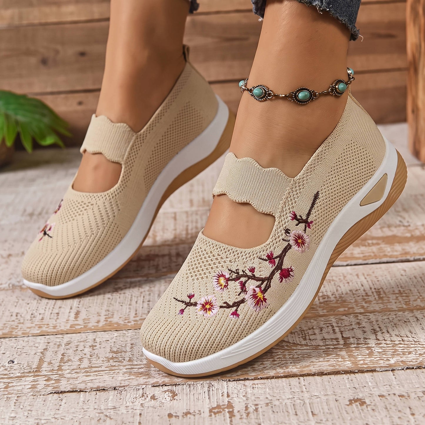 Breathable Mary Jane Sneakers with Floral Embroidery and Elastic Instep Strap