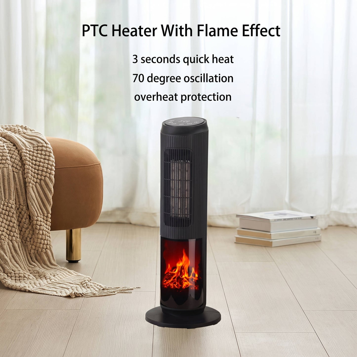 27 inches Ceramic Tower Space Heater, Electric Heater for Large Rooms with 3D Flame, Oscillation and Remote Control